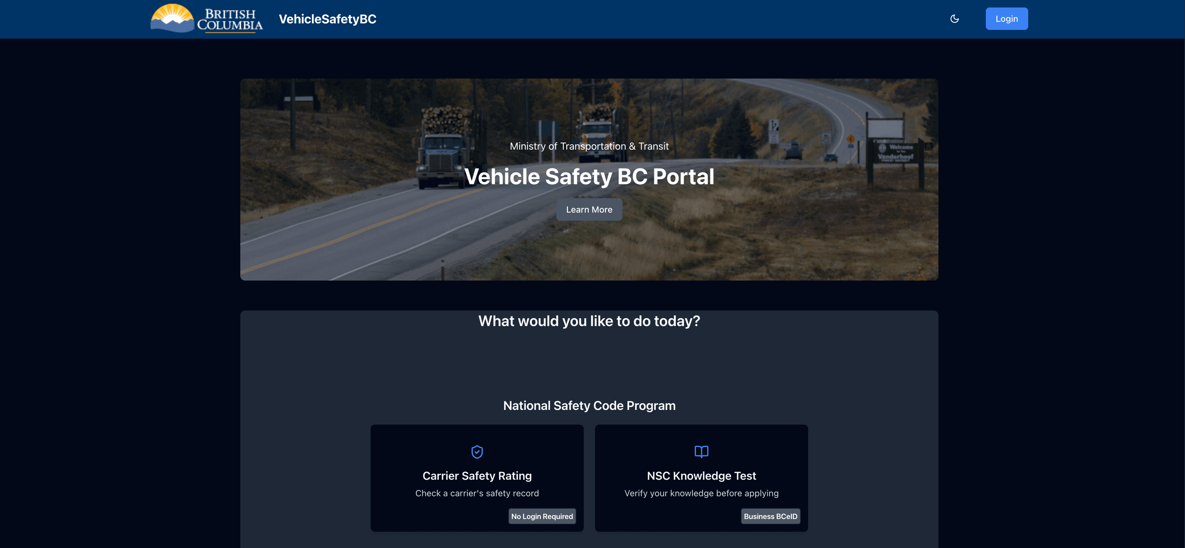 Citizen portal homepage with BC Services Card SSO login - Dark Mode